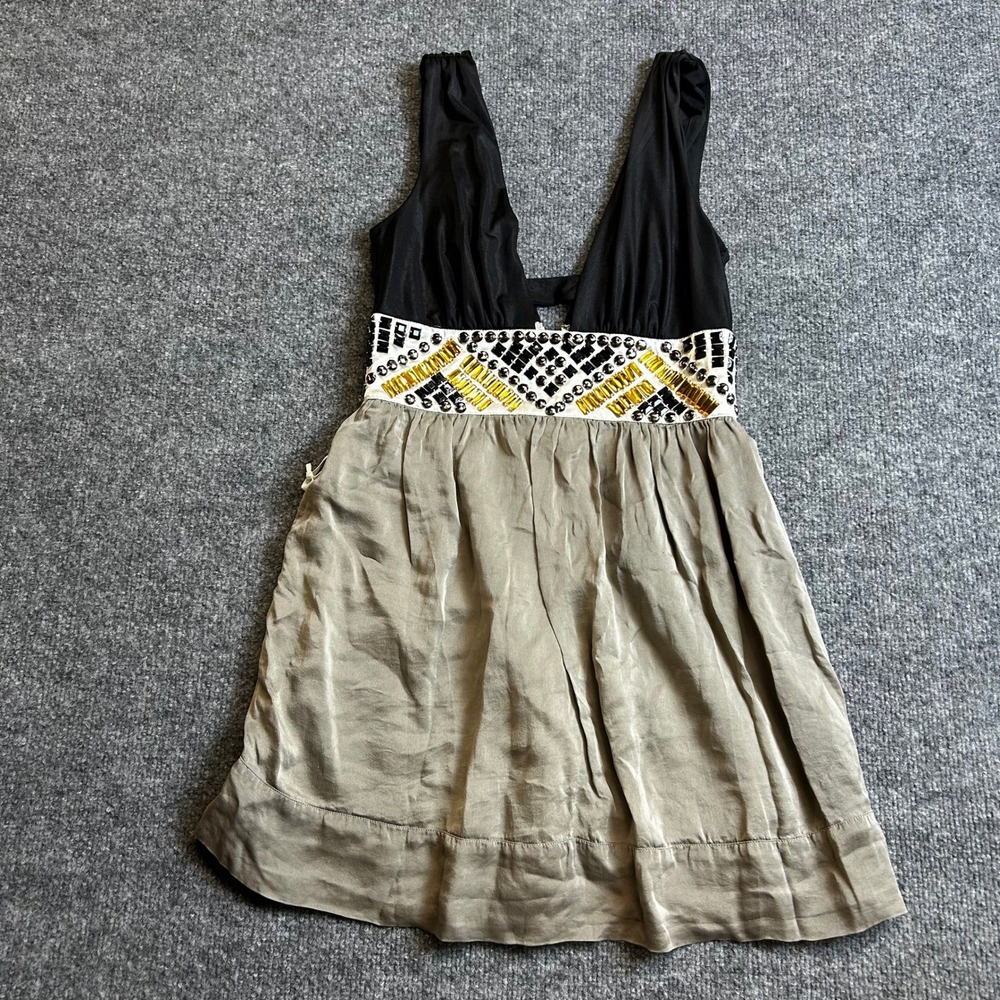 Bebe Dress Womens Size XS Silk Taupe Black Beaded Waistband Plunging V-Neck Mini